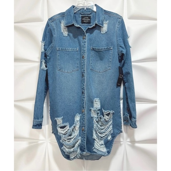 American Bazi Sz M Long Tunic Distressed Ripped Denim Duster Jacket NEW - Picture 3 of 10